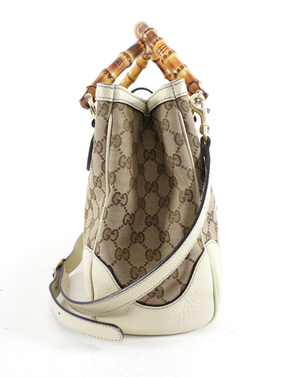 Gucci Ivory Leather Monogram Canvas Bamboo Diana Bag