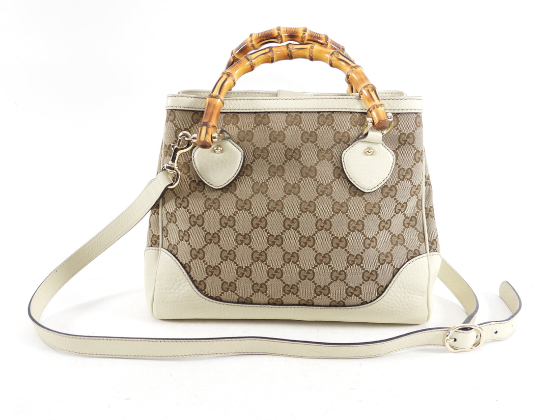 Gucci Ivory Leather Monogram Canvas Bamboo Diana Bag