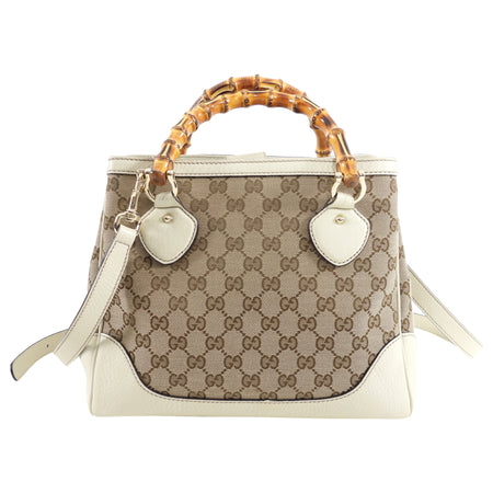 Gucci Ivory Leather Monogram Canvas Bamboo Diana Bag