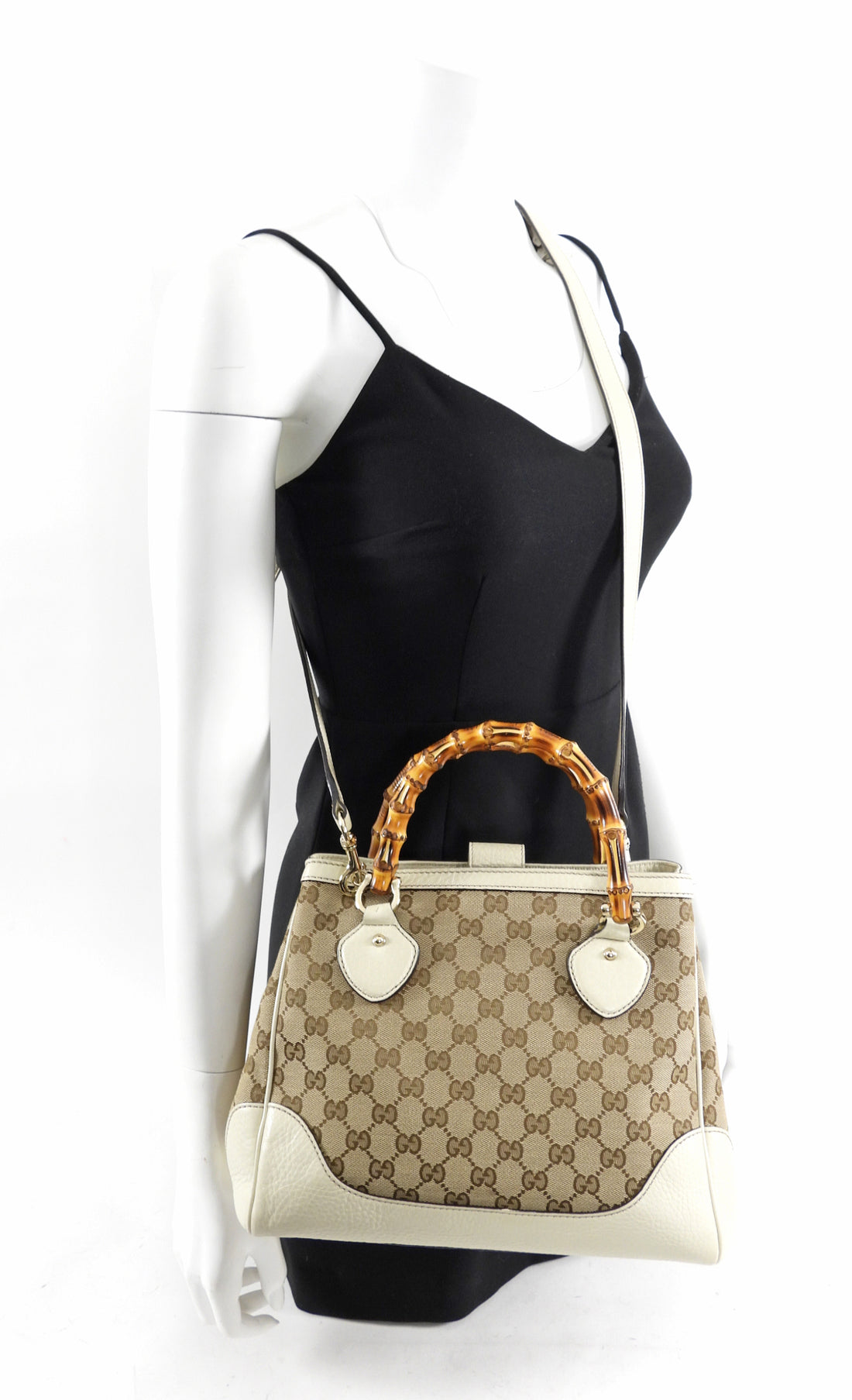 Gucci Ivory Leather Monogram Canvas Bamboo Diana Bag