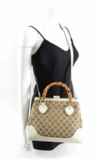 Gucci Ivory Leather Monogram Canvas Bamboo Diana Bag