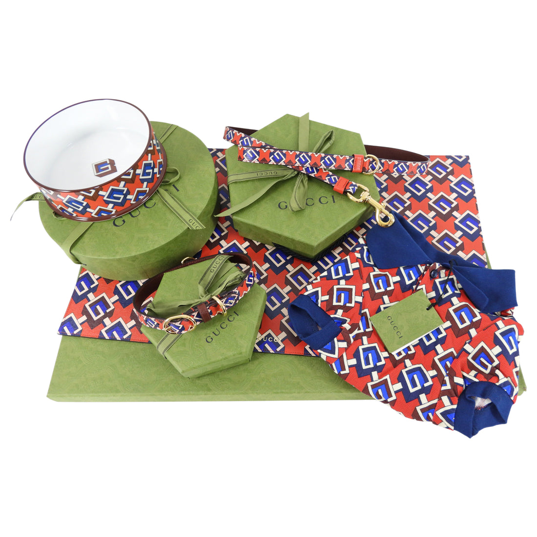 Gucci Isometric G Red and Blue 5pc Gucci Pet Dog Gift Set