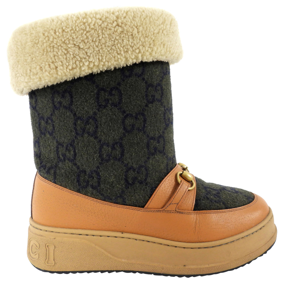 Gucci GG Monogram Olive/Tan Wool Shearling Snow Boots - 39.5