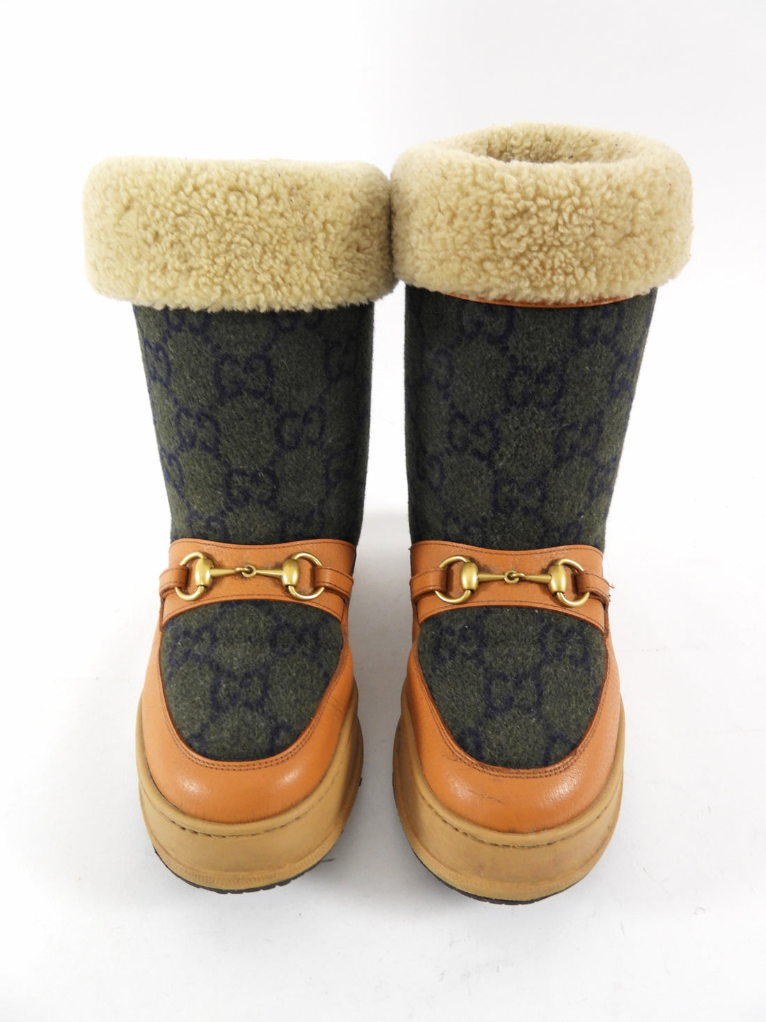 Gucci GG Monogram Olive/Tan Wool Shearling Snow Boots - 39.5