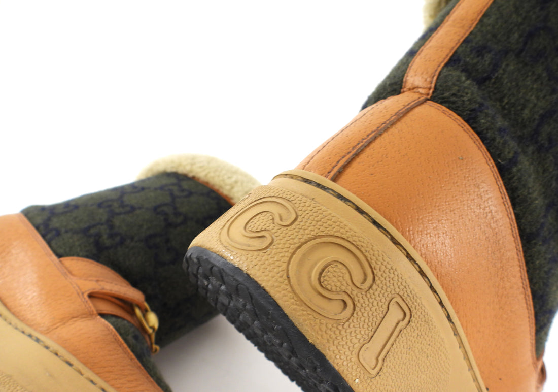 Gucci GG Monogram Olive/Tan Wool Shearling Snow Boots - 39.5
