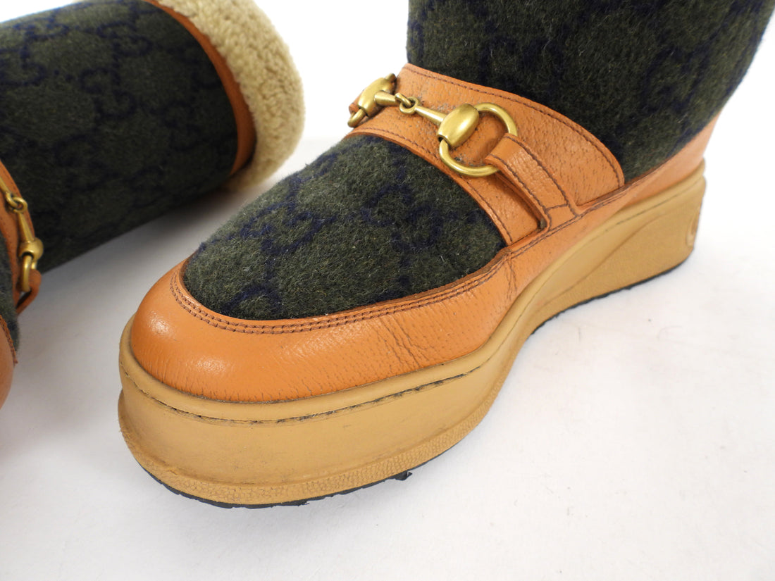 Gucci GG Monogram Olive/Tan Wool Shearling Snow Boots - 39.5