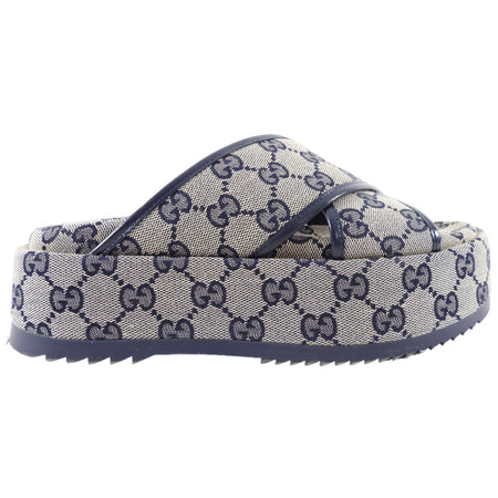 Gucci Navy Monogram Canvas Platform Sandals - 6.5