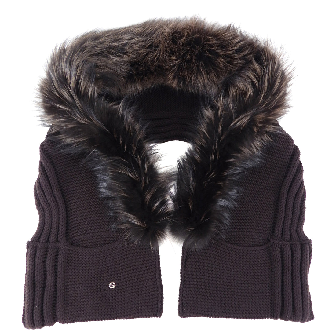 Gucci Brown Fox Fur Trim Knit Pocket Shawl Scarf