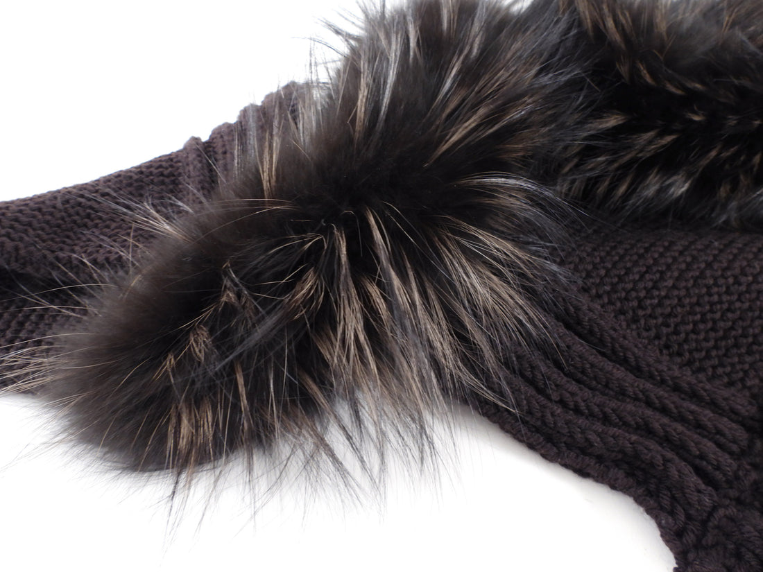Gucci Brown Fox Fur Trim Knit Pocket Shawl Scarf