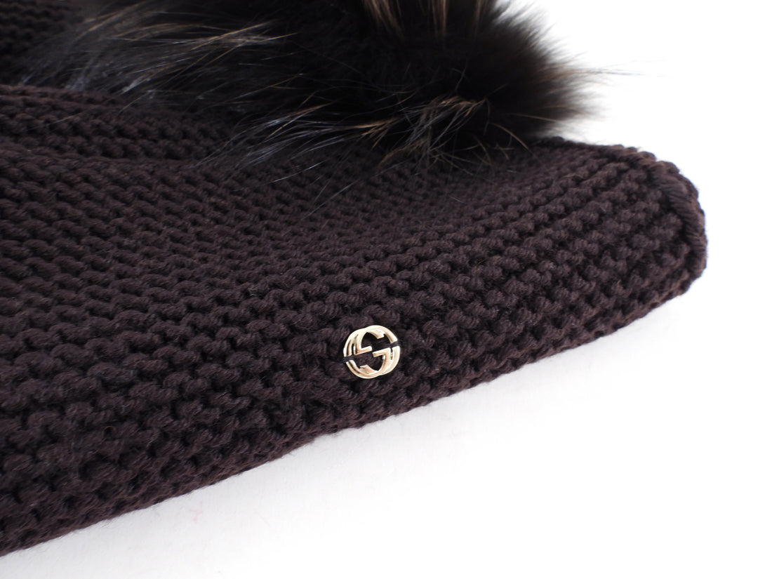 Gucci Brown Fox Fur Trim Knit Pocket Shawl Scarf