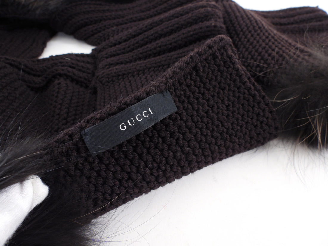 Gucci Brown Fox Fur Trim Knit Pocket Shawl Scarf