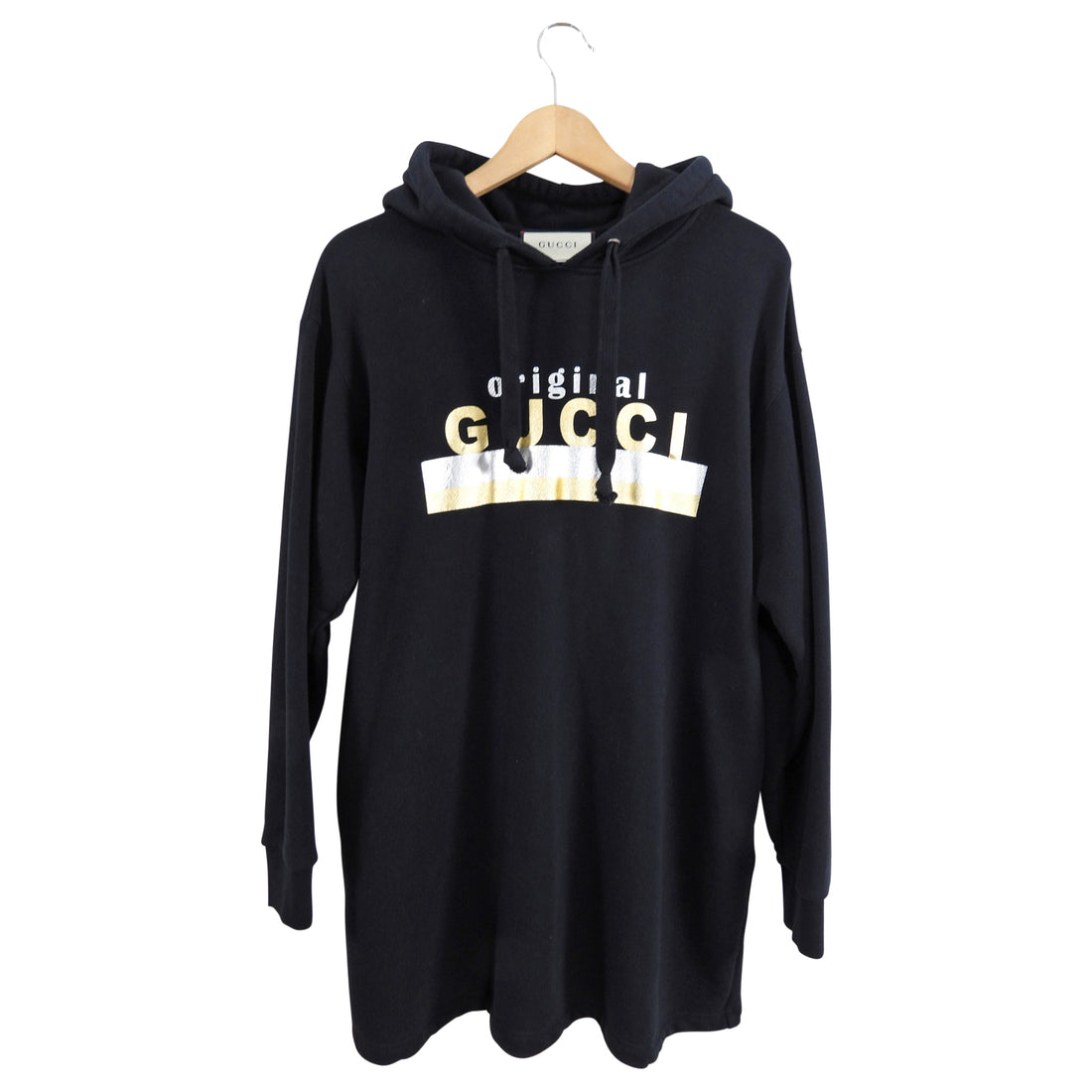 Gucci Black and Metallic Logo Hooded Sweatshirt Dress