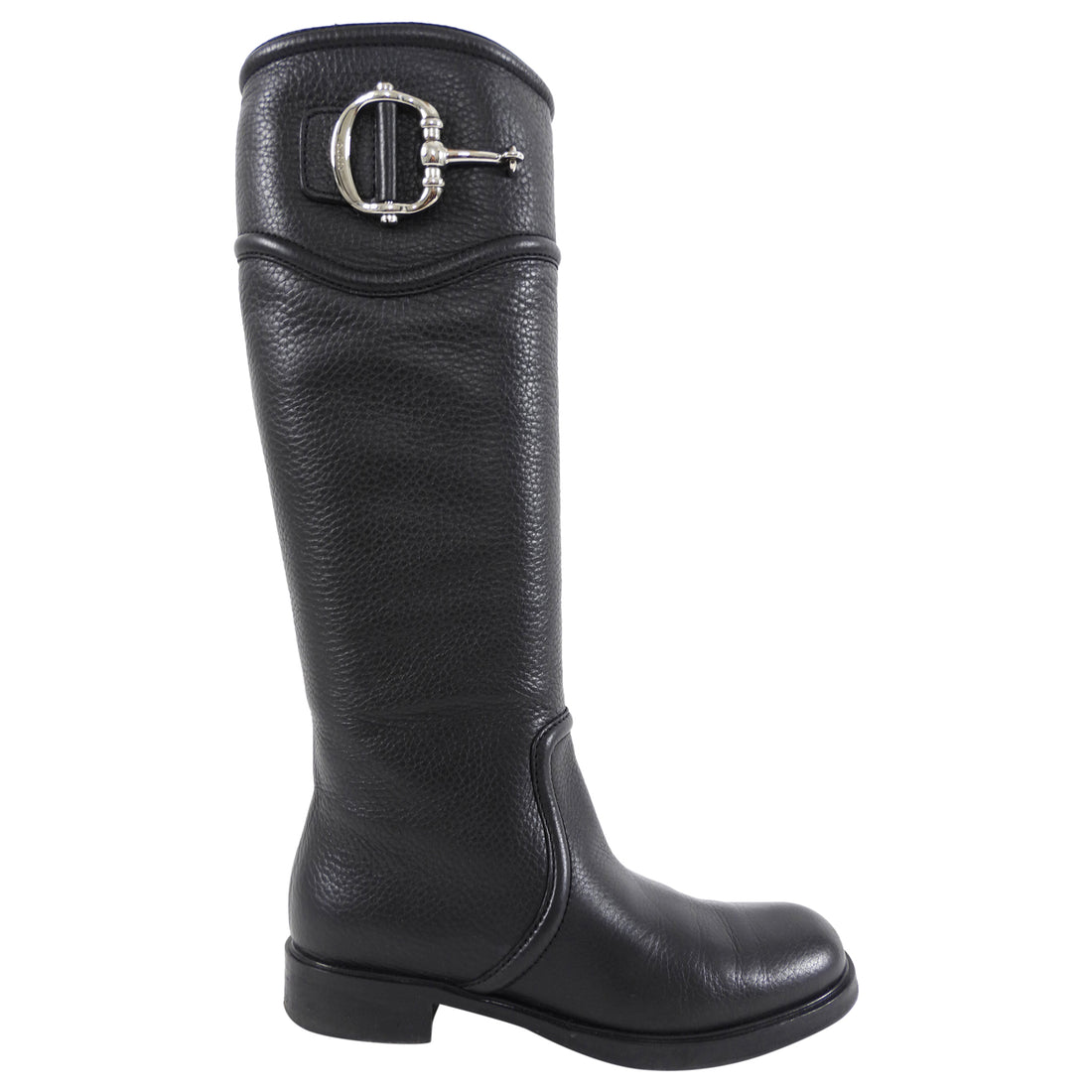Gucci Silvertone Horsebit Black Leather Tall Riding Boot - 36.5
