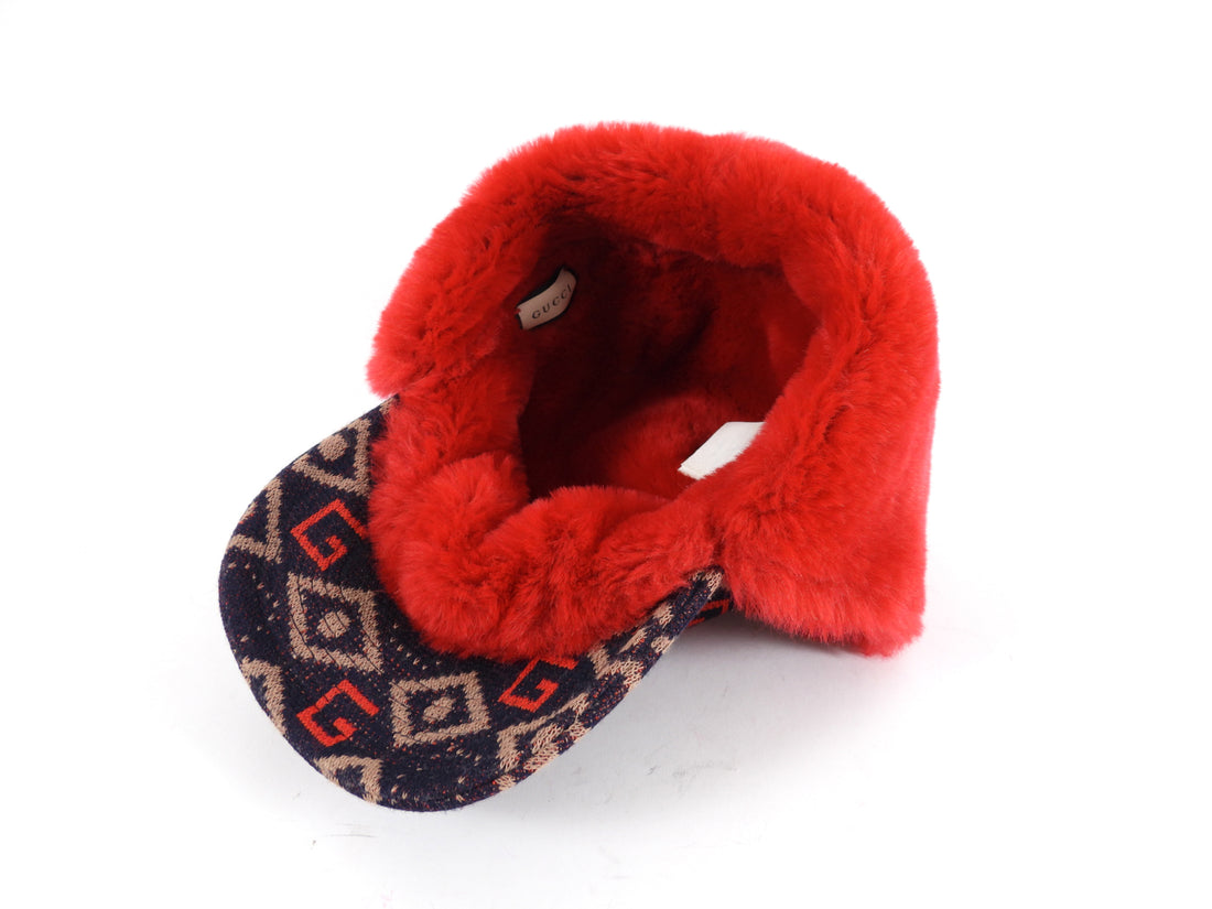 Gucci Navy Brown Pattern Knit Wool Hunting Hat With Red Shearling