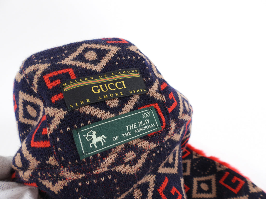 Gucci Navy Brown Pattern Knit Wool Hunting Hat With Red Shearling