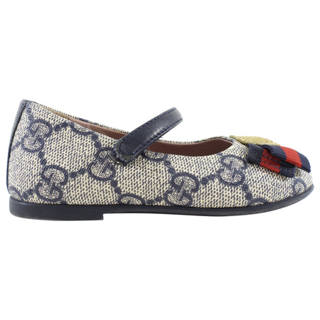 Gucci Navy Monogram Canvas Web Heart Ballerina Flats - Infant