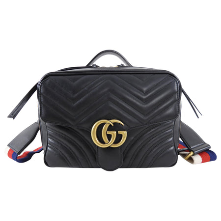 Gucci Black Quilted Leather Marmont Sylvie Web Strap Top Handle Bag