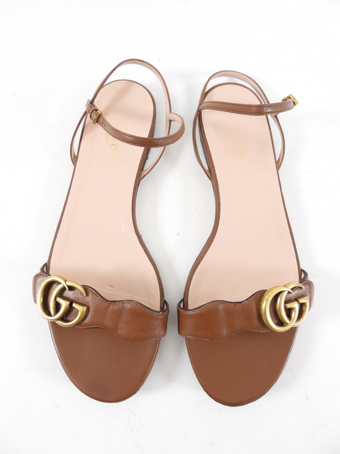 Gucci GG Marmont Brown Leather Flat Sandals - 38.5