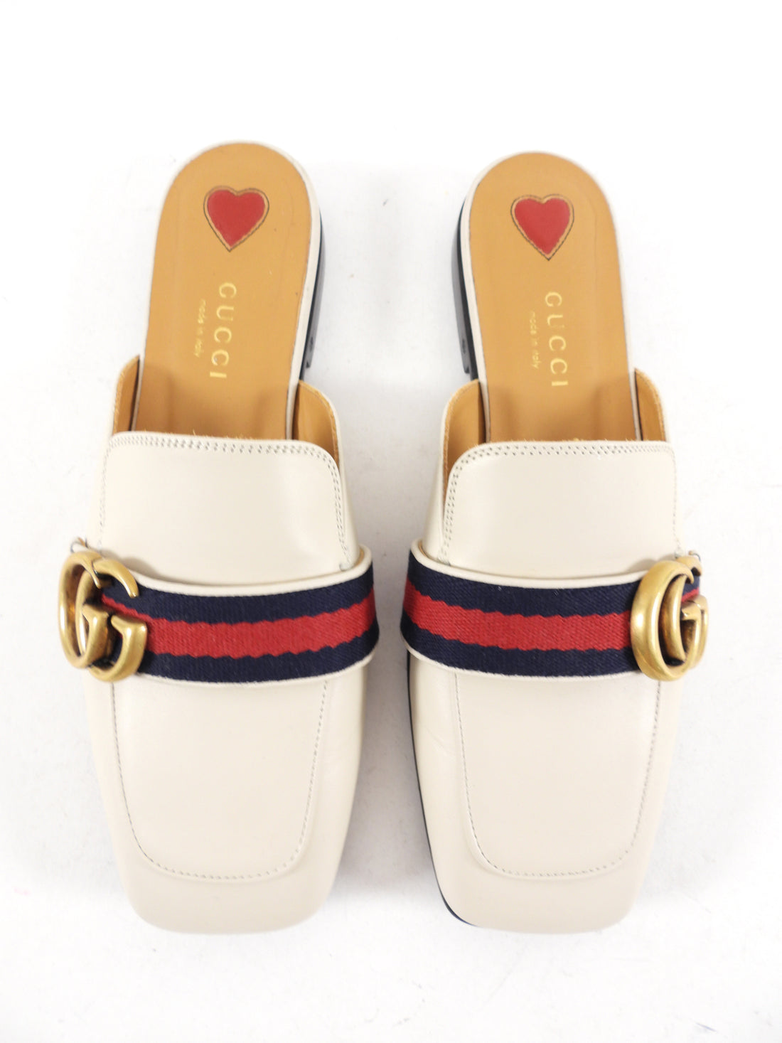 Gucci Marmont Ivory Leather Web Mule Slides - 35