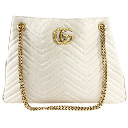 Gucci Marmont Ivory Chevron Leather Large Chain Tote Bag