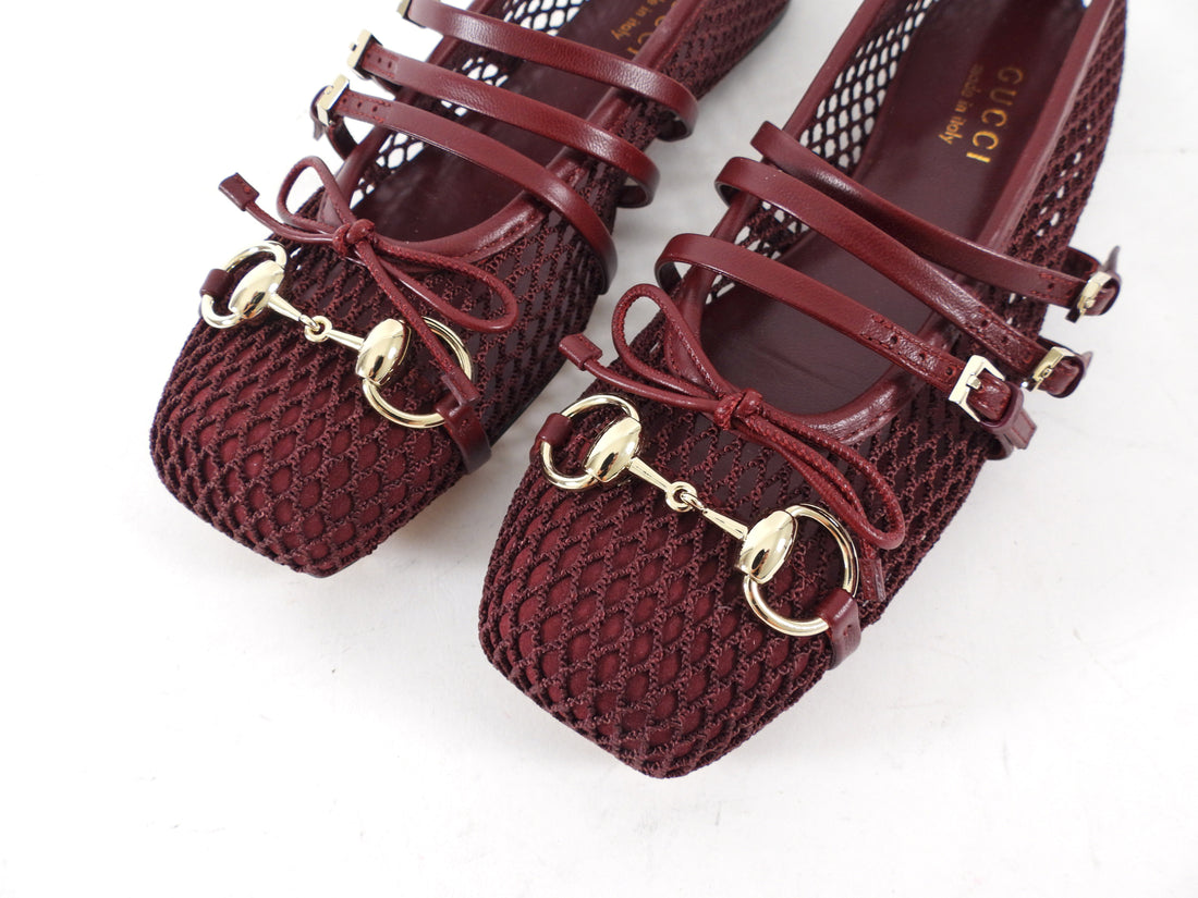 Gucci Ancora Burgundy Red Mesh Horsebit Ballerina Ballet Flats - 36.5