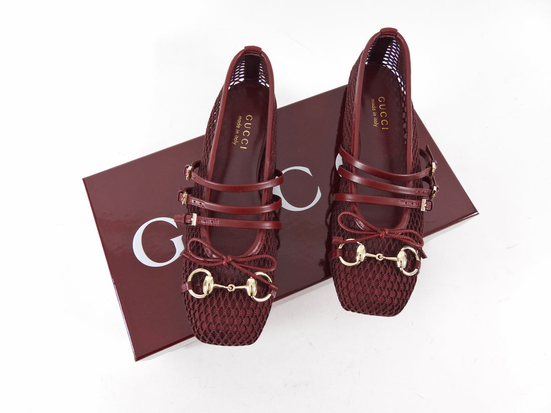 Gucci Ancora Burgundy Red Mesh Horsebit Ballerina Ballet Flats - 36.5