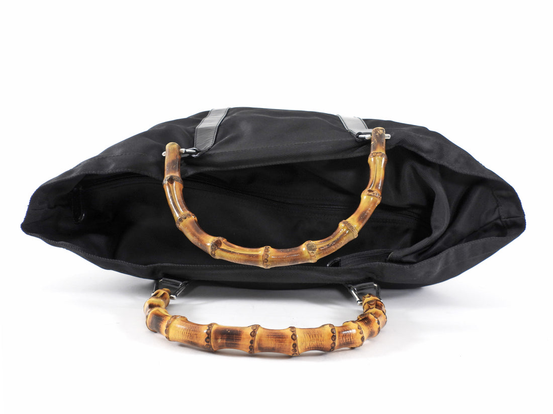 Gucci Large Black Nylon Bamboo Handle Soft Tote