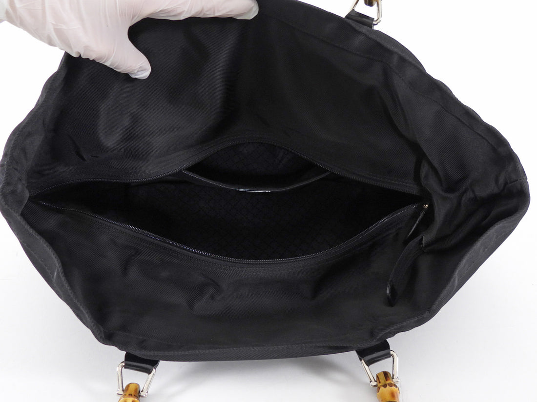 Gucci Large Black Nylon Bamboo Handle Soft Tote
