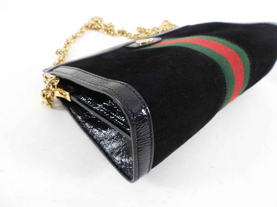 Gucci Black Suede Web Stripe Ophidia Chain Clutch Bag