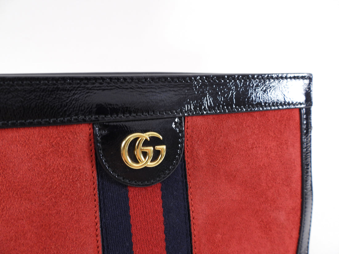 Gucci Red Suede Web Stripe Ophidia Chain Clutch Bag