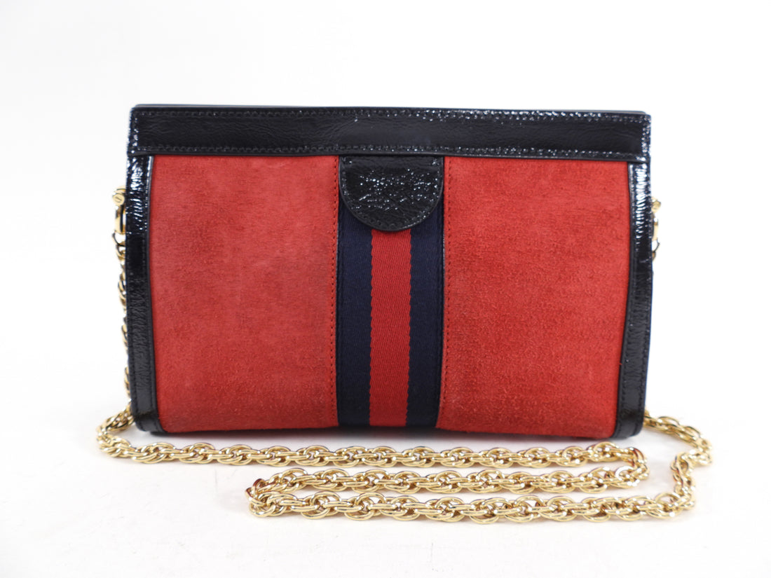 Gucci Red Suede Web Stripe Ophidia Chain Clutch Bag