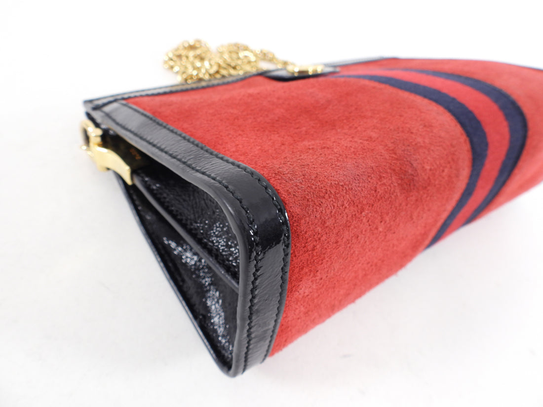 Gucci Red Suede Web Stripe Ophidia Chain Clutch Bag