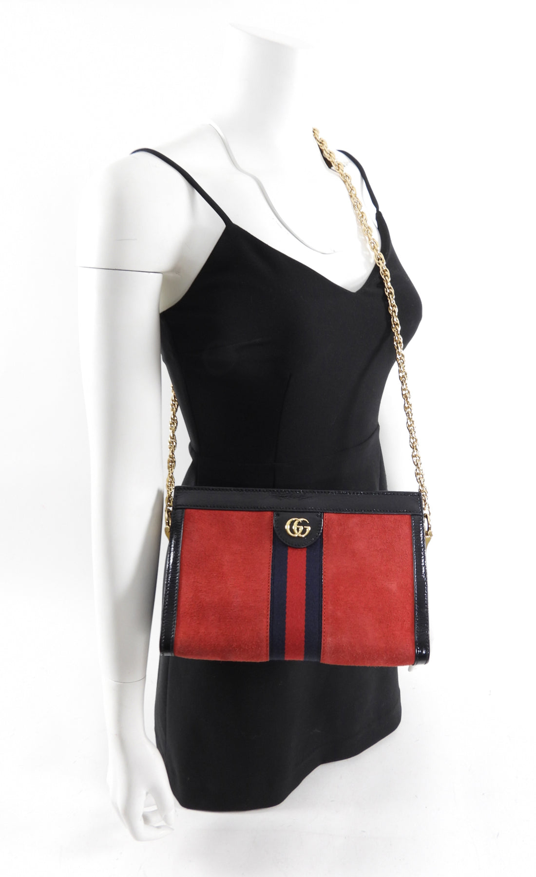 Gucci Red Suede Web Stripe Ophidia Chain Clutch Bag