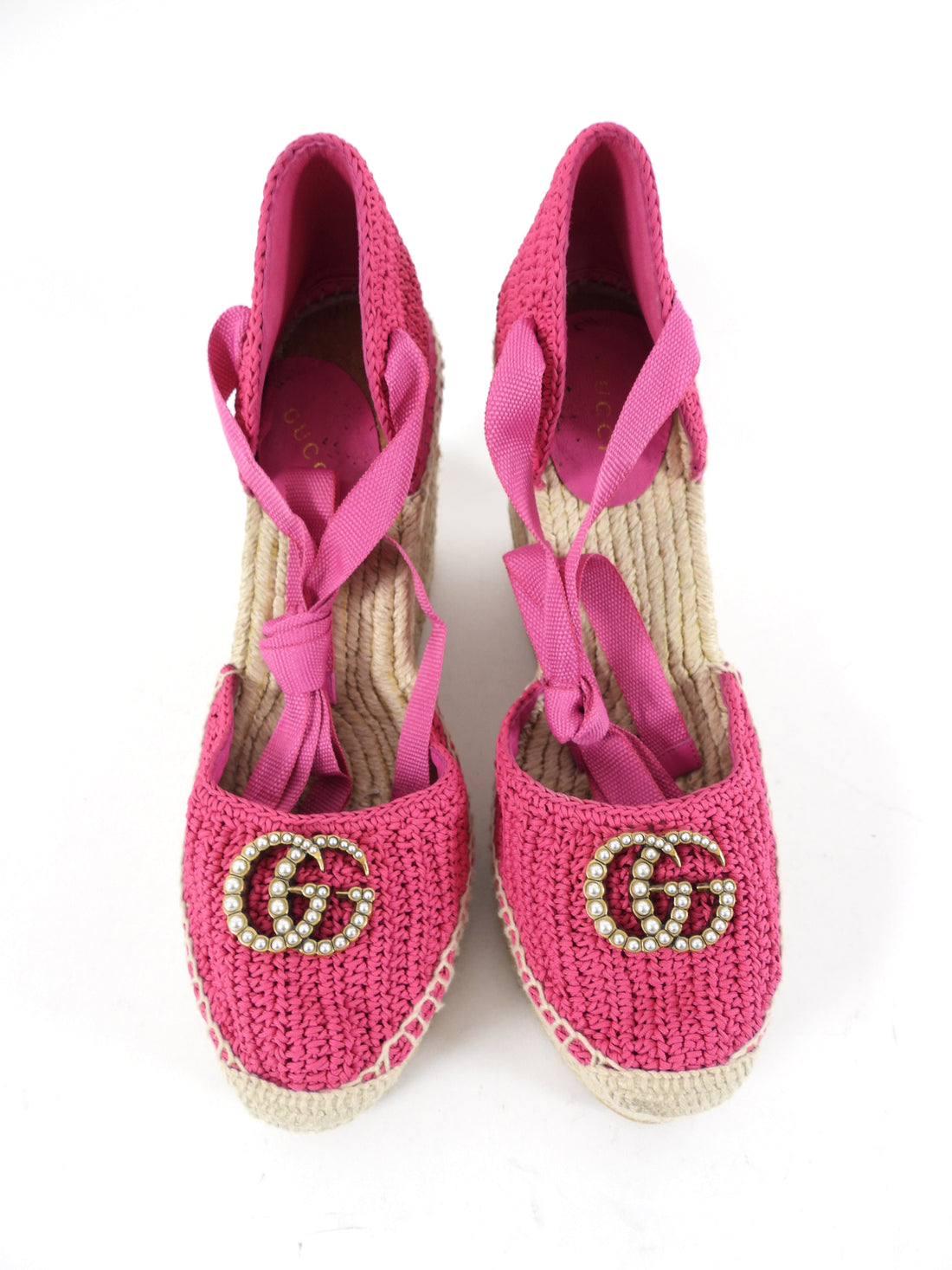 Gucci Pearl GG Marmont Pink Crochet Espadrille Wedge Sandal - 40