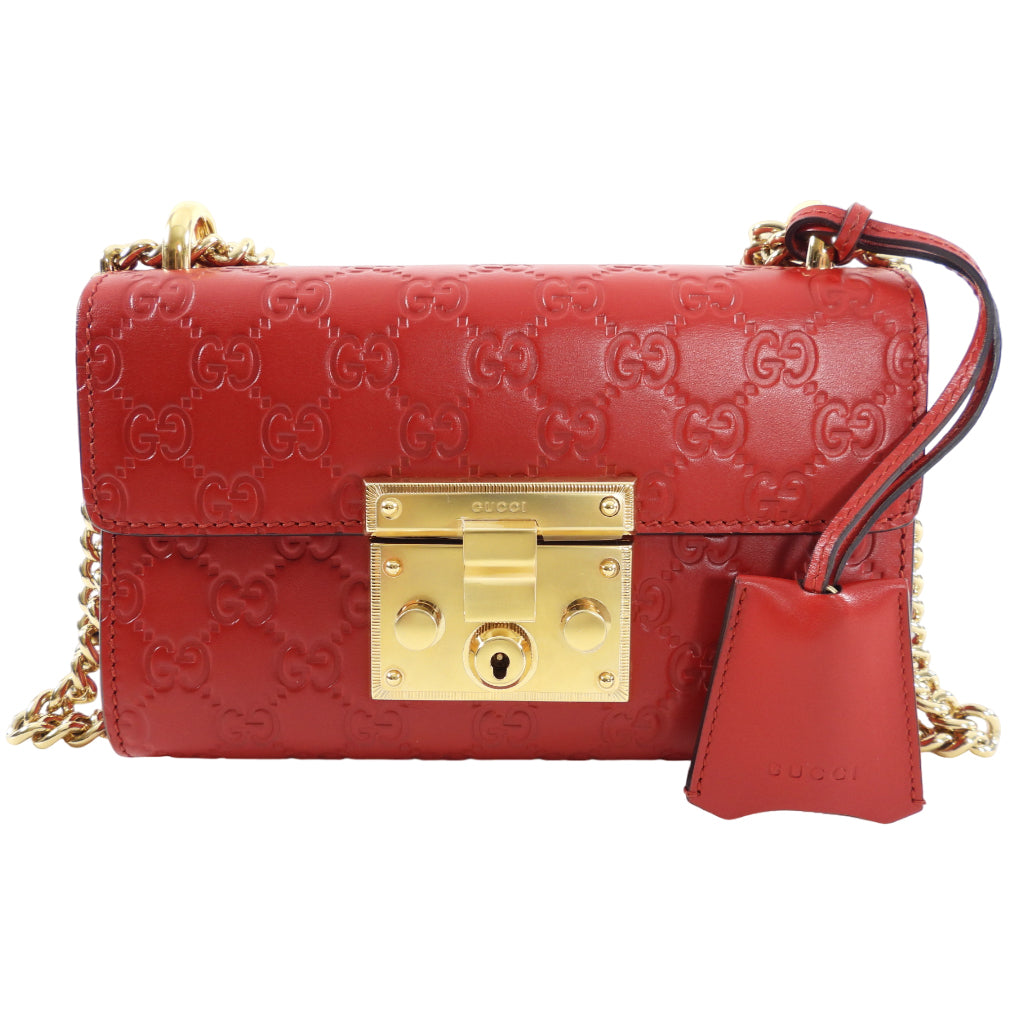 Gucci Small Red Leather Guccissima Padlock Chain Bag