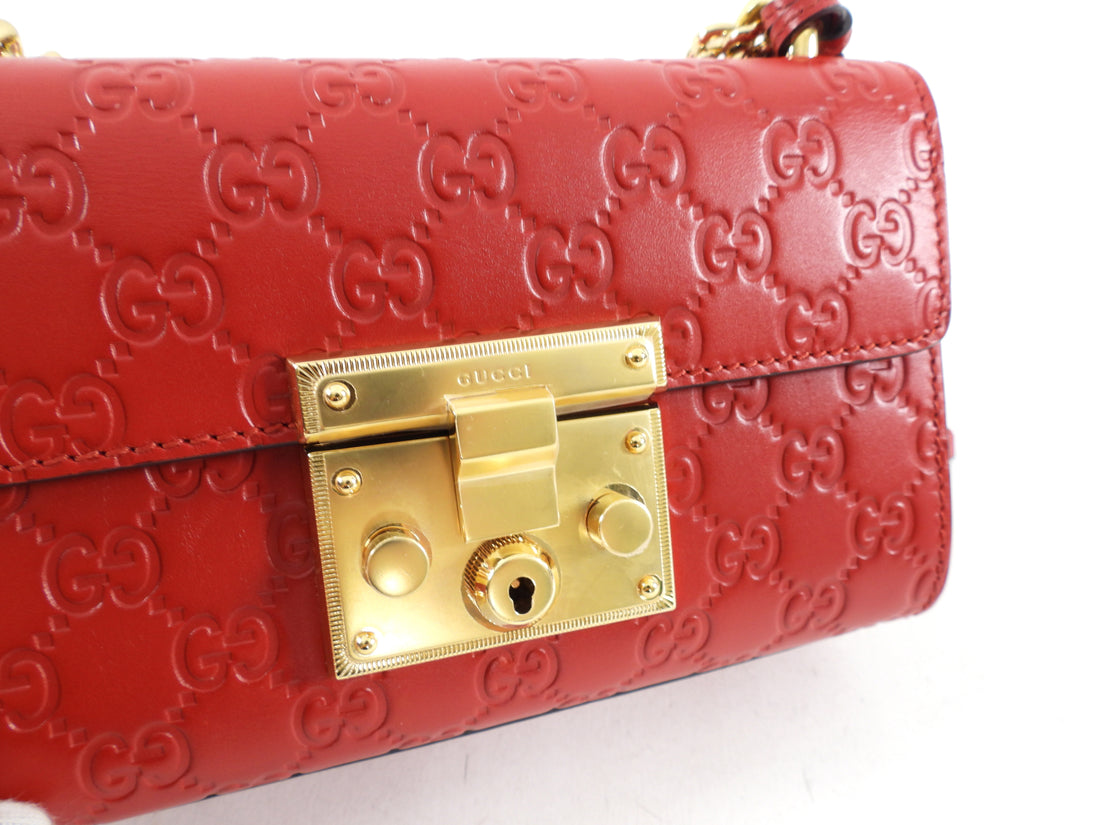 Gucci Small Red Leather Guccissima Padlock Chain Bag