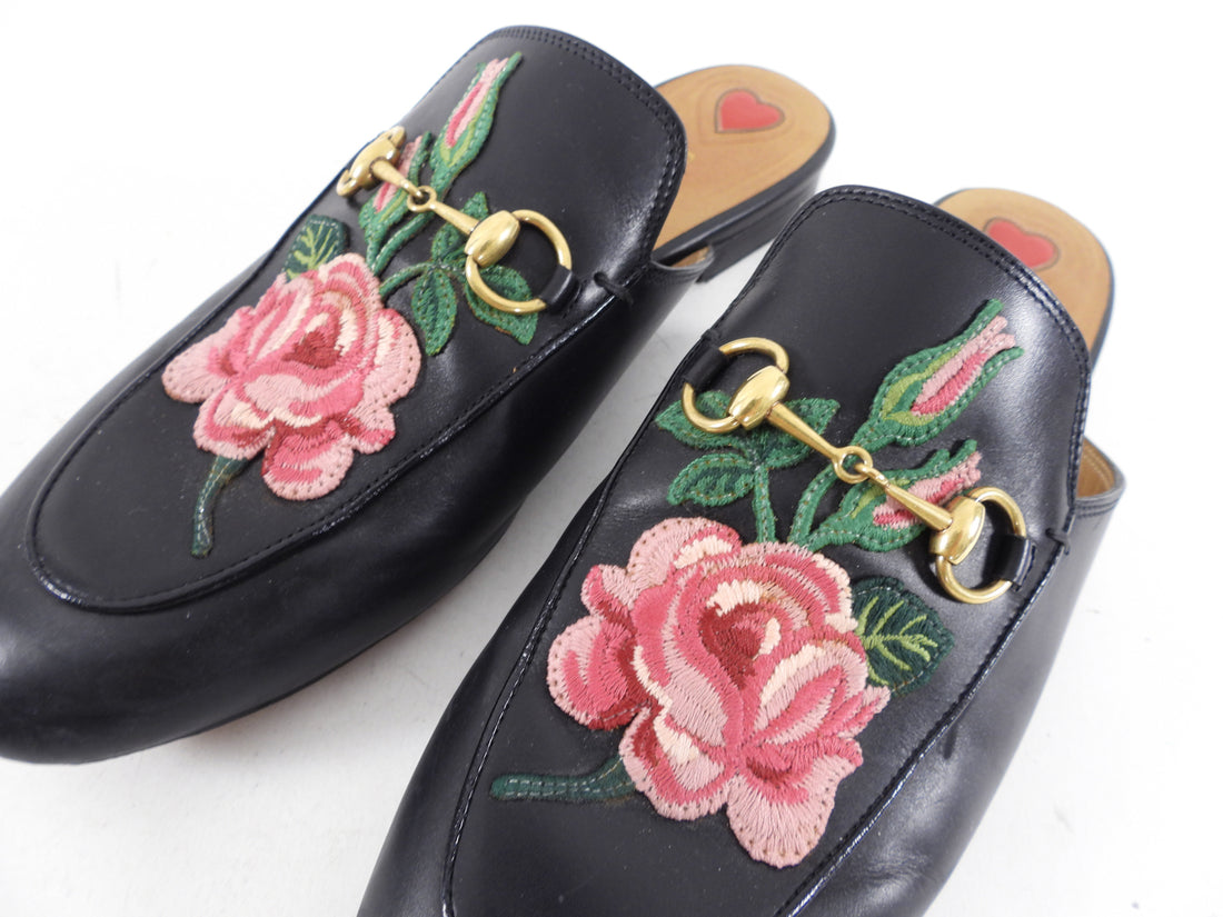 Gucci Foral Roses Embroidery Princetown Slipper Black - 39/ 8