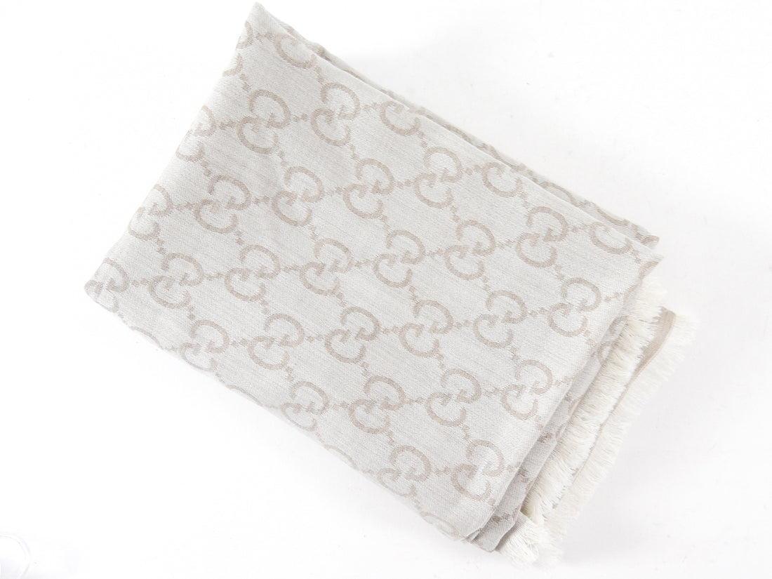 Gucci Monogram Greige Jacquard GG Logo Shawl Scarf