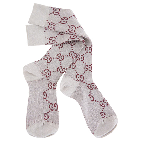 Gucci Silver Burgundy Metallic Lame GG Socks - M (7-9)