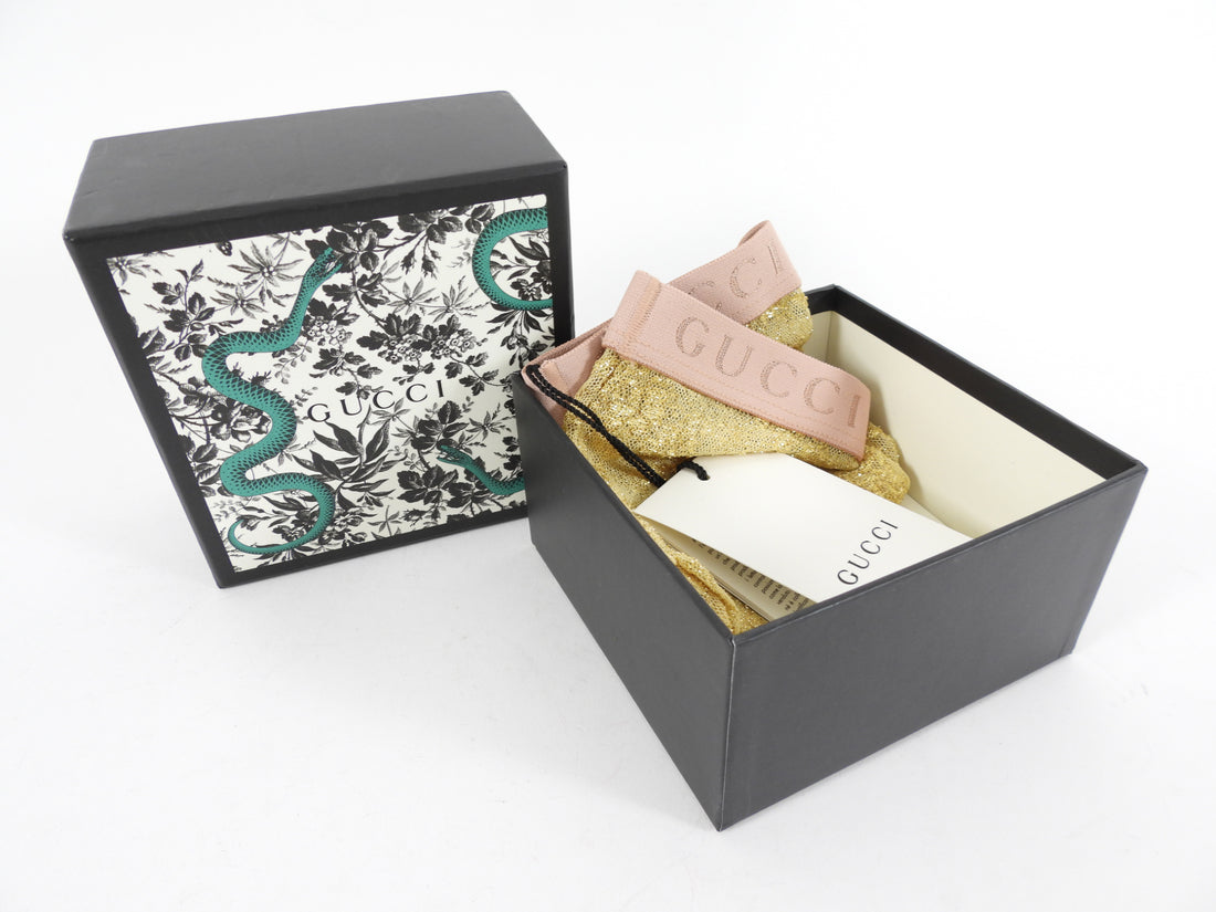Gucci Gold Metallic Lace and Nude Logo Band Socks - M