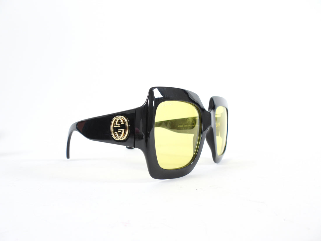 Gucci Oversized Black Acetate Yellow Lens Square Sunglasses