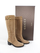 Gucci Taupe Brown Nubuck Leather Tall Boots with GG Logo - 36.5