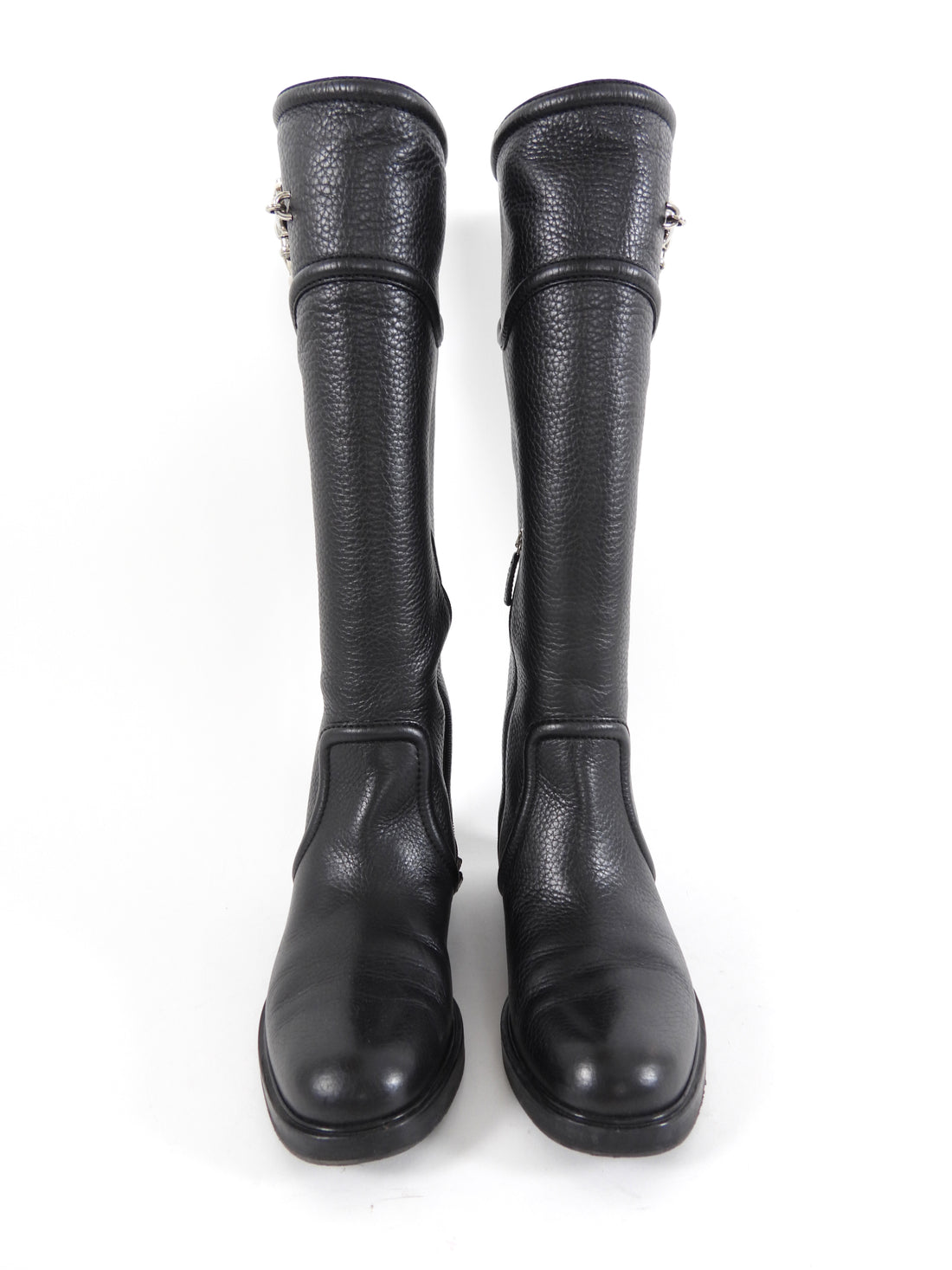 Gucci Silvertone Horsebit Black Leather Tall Riding Boot - 36.5