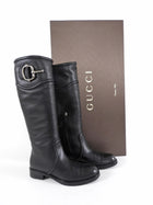 Gucci Silvertone Horsebit Black Leather Tall Riding Boot - 36.5