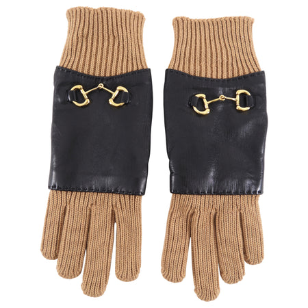 Gucci Black Leather Horsebit Knit Combo Gloves - M