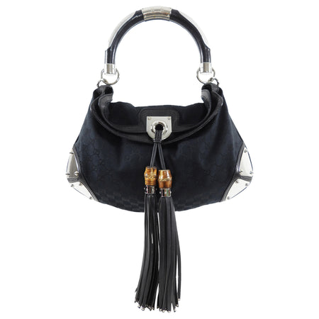 Gucci Black Monogram Canvas Indy Hobo Bamboo Tassel Bag