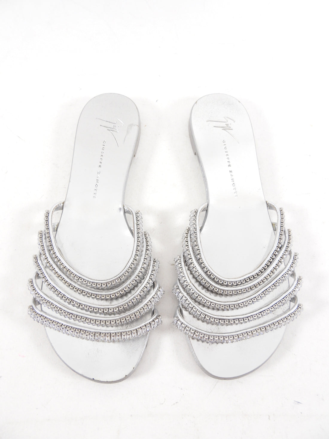 Giuseppe Zanotti Silver Crystal Embellished Flat Sandals - 37