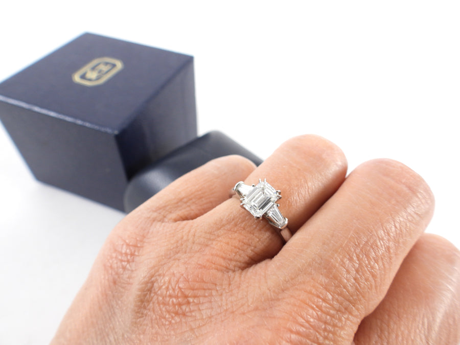Harry Winston Platinum 1.01CT Emerald Cut Three Stone Diamond Engagement Ring