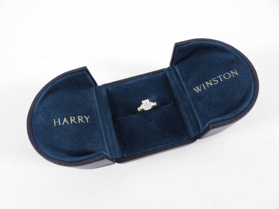 Harry Winston Platinum 1.01CT Emerald Cut Three Stone Diamond Engagement Ring