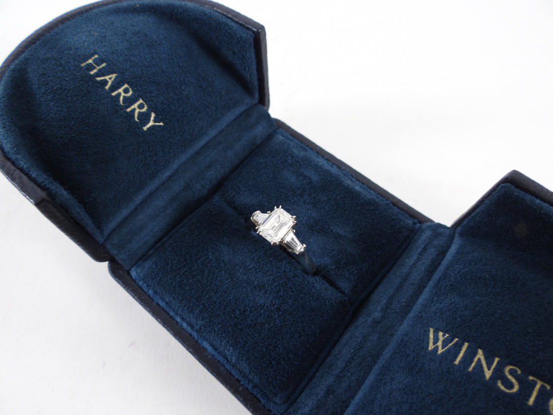 Harry Winston Platinum 1.01CT Emerald Cut Three Stone Diamond Engagement Ring